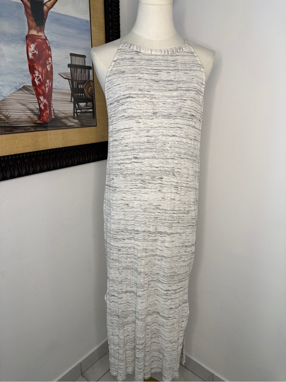 Splendid Marled Knit Halter Maxi Dress - White & Gray